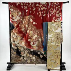 振袖 身丈161cm 裄丈68cm L 袷 袋帯フルセット 鶴 桜 金彩 染め分け 赤 正絹 秀品 【中古】