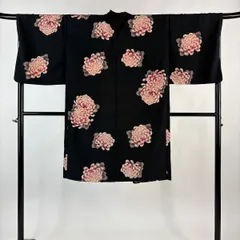 【美品】 羽織 身丈111cm 裄丈69.5cm L 洗える着物 菊 黒 化繊 優品 【中古】