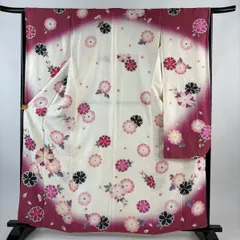 振袖 身丈161cm 裄丈66cm M 袷 桜 菊 金糸 金彩 クリーム 正絹 名品 【中古】