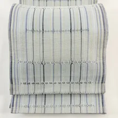 【美品】 袋帯 名品 縞 幾何学 金糸 青灰色 全通 正絹 【中古】