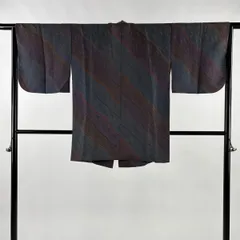 道中着 身丈83.5cm 裄丈64cm M 和装コート 斜縞 地紋 灰緑 正絹 秀品 【中古】