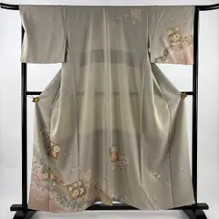 訪問着 身丈158cm 裄丈66.5cm M 袷 落款 色紙 花唐草 金彩 灰茶 正絹 秀品 【中古】