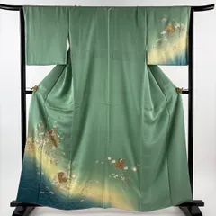 【美品】 訪問着 身丈163cm 裄丈65cm M 袷 色紙 草花 金銀彩 刺繍 薄緑 正絹 秀品 【中古】