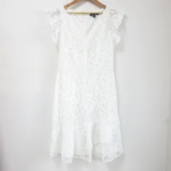 美品 LAUREN RALPH LAUREN ローレンラルフローレン フリルスリーブ ひざ丈 フレア レースワンピース ドレス 4サイズ ホワイト レディース 古着 中古 USED