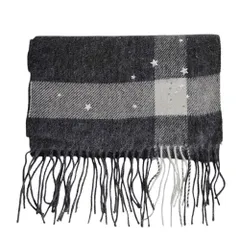 未使用 LANVIN en Bleu ランバンオンブルー スター スタッズ チェック柄 フリンジ マフラー ストール グレー レディース 古着 中古 USED