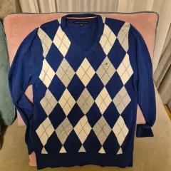 Tommy Hilfiger アーガイル Vネック ニット ブルー