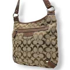 【美品】コーチ COACH シグネチャー ショルダーバッグ F14689 クロスボディバッグ 斜め掛け可 レディース キャンバス レザー ブラウン ベージュ 軽量 通勤 通学 クラシックデザイン エレガント クリーニング済み s64