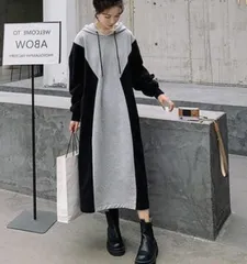 パーカーワンピースバイカラーワンピ ゆったり大きいサイズロング長袖 切り替えゆったり上品大人シンプルカジュアル 通勤 オフィス 着痩せ