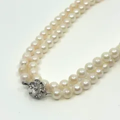 美品 本真珠 あこや パール 二連ネックレス SILVER刻印 花 フラワー モチーフ クラスプ ホワイト系 真珠 アクセサリー エレガント フォーマル 冠婚葬祭 I3