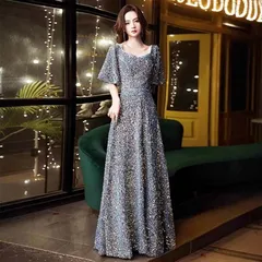 ウエディングドレス 二次会 前撮り 大きいサイズ 結婚式/二次会ドレス 海外挙式 ウェディングドレス ライトドレス 花嫁ドレス ロングドレス 後撮り 結婚式 スレンダードレス 半袖袖 ワンピース 宴会 司会者　キラキラ スパンコール