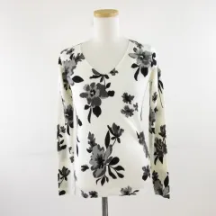 アズールバイマウジー AZUL by moussy Vネックニット 長袖 花柄 オフホワイト 黒 XS *A28
