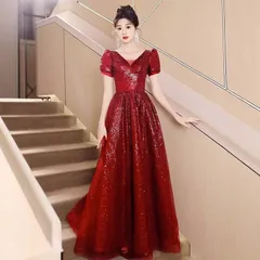 ウエディングドレス 二次会 前撮り 大きいサイズ 結婚式/二次会ドレス 海外挙式 ウェディングドレス ライトドレス 花嫁ドレス ロングドレス 後撮り 結婚式 スレンダードレス 半袖 ワンピース 宴会 司会者　ワインレッド キラキラ スパンコール