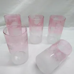 昭和レトロ ガラス食器 アデリアガラスコップ5ケセット ジュースグラス ビールグラス ピンクのお花柄 未使用品 R037