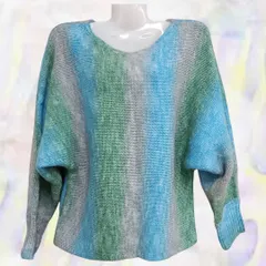 Discoat　ディスコート　ニット　水色×グレー　レディース　Vネック　ミックスカラー　長袖　七分袖　ウール　フリーサイズ