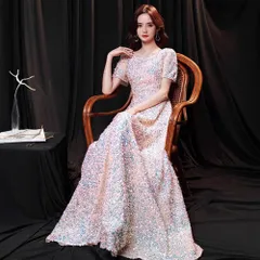 ウエディングドレス 二次会 前撮り 大きいサイズ 結婚式/二次会ドレス 海外挙式 ウェディングドレス ライトドレス 花嫁ドレス ロングドレス 後撮り 結婚式 スレンダードレス 半袖 ワンピース 宴会 司会者　キラキラ スパンコール
