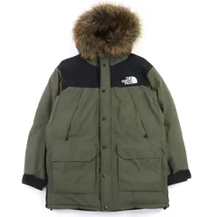 美品△THE NORTH FACE ザ・ノースフェイス ND91935 Mountain Down Coat ゴアテックス ロゴ刺繍 エコファー・フード付き マウンテン ダウンコート カーキ ブラック L 正規品 メンズ