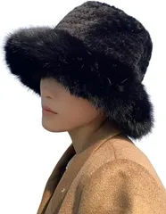 kanaelun レディース ベーシック バケハ バケットハット ふわふわ 帽子 無地 フリーサイズ 防寒 プレゼント 秋 冬 レトロ風 ニット 漁夫帽 黒 白 ファッション (ブラック,  Free Size)