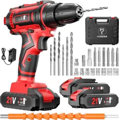 電動ドライバー ドリル セット 21V バッテリー2個 42N.m 充電式 コードレス 25段階トルク 2速切替 LEDライト 工具箱 ビット フレキシブルシャフト DIY 家具 組み立て 穴あけ ネジ締め 日曜大工 整備 軽量 小型 初心者 PSE認証