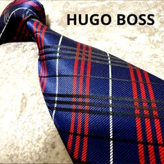 【✨美品✨】HUGO BOSS ヒューゴボス ネクタイ チェック柄 ネイビー シルク　ハンドメイド