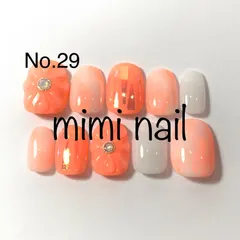 No.29ネオンオレンジマーブル＆ぷっくりフラワーネイルチップ ハンドメイド ジェルコート済