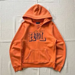 archive　POLO RALPH LAUREN　ポロラルフローレン　ヴィンテージ加工　プルオーバー　フーデッドパーカー　スウェット生地　RLエンブレムロゴプリント　前Vガゼット　オレンジ　Y2K　アメカジ　emblem logo hoodie parka