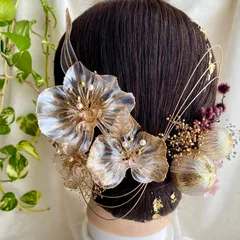 No.4【きらめく胡蝶蘭】アメリカンフラワーの髪飾り　金箔付　水引付　パープル　紫　ディップフラワー　ドライフラワー　結婚式　卒業式　成人式　前撮り　ブライダル  ウェディング  着物　ディップアート