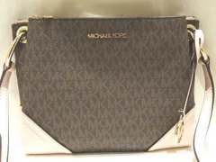美品 マイケルコース ショルダーバッグ レディース ☆ MKロゴ総柄 ダークブラウン系×ピンク クロスボディ MKチャーム MICHAELKORS ▼7L