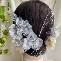 No.6【きらめく胡蝶蘭】アメリカンフラワーの髪飾り　金箔付　水引付　シルバー　ディップフラワー　ドライフラワー　結婚式　卒業式　成人式　前撮り　ブライダル  ウェディング  着物　ディップアート