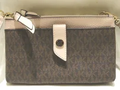 美品 マイケルコース Wファスナー ショルダーバッグ ポシェット ☆ MKロゴ総柄 ダークブラウン系×ピンク クロスボディ MICHAELKORS ▼7L