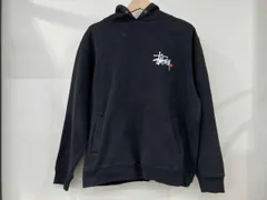 Stussy ステューシー プルオーバーパーカー フーディ バックプリント サイズMedium ブラック 黒 コットン　ポリエステル 紐欠品 内側毛玉有