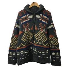 グローバルワーク GLOBAL WORK カーディガン ニット ショールカラー 総柄 ウール マルチカラー 厚手 長袖 XL グレー オレンジ