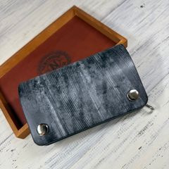 トラッカーウォレットミドル 3層】ブラック 北米ステア シルバー YKK