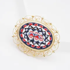 L003 モザイクガラス ITALY刻印 ブローチ フラワー フィリグリー 銀線細工 ゴールド デザイン