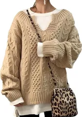 newNE ケーブル編み Vネック スキッパー ニット プルオーバー キーネック セーター ゆったり 袖 秋 冬 レディース (ベージュ,  XL)