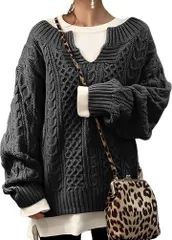 newNE ケーブル編み Vネック スキッパー ニット プルオーバー キーネック セーター ゆったり 袖 秋 冬 レディース (ダークグレー,  M)