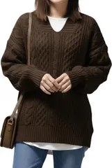 newNE ケーブル編み Vネック スキッパー ニット プルオーバー キーネック セーター ゆったり 袖 秋 冬 レディース (ブラウン,  2XL)