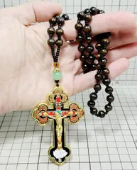 【十字架:クロス　数珠付き:ロザリオ:ネックレス　#レッド】D12-18/THU