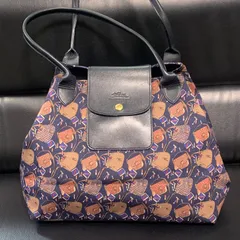ロンシャン LONGCHAMP ハンドバッグ トート ナイロン レザー 総柄 ロゴ 紺 ネイビー