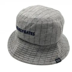 【美品】パーリーゲイツ バケットハット グレー×ネイビー ロゴストライプ 汗取りパッド付 FR   ゴルフウェア PEARLY GATES