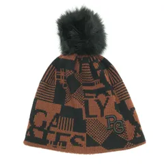 【超美品】パーリーゲイツ ニット帽 ブラウン×黒 総柄 ウール混 ポンポン付 FR   ゴルフウェア PEARLY GATES