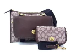 COACH コーチ ショルダーバッグ マルチファンクション クロスボディ ウィズ ディンキー C2613 ブラウン系 シグネチャージャカード レザー ユニセックス ゴールド金具 美品