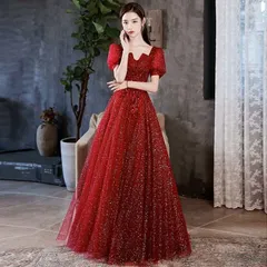 ウエディングドレス 二次会 前撮り 大きいサイズ 結婚式/二次会ドレス 海外挙式 ウェディングドレス ライトドレス 花嫁ドレス ロングドレス 後撮り 結婚式 スレンダードレス 半袖 ワンピース 宴会 司会者　キラキラ スパンコール ワインレッド