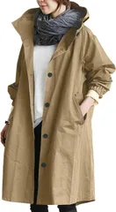 FARFADET レディース コート ロング トレンチ スプリング 春 秋 冬 フード付き 薄手 裏地付き 着痩せ おしゃれ カジュアル 暖かい ゆったり 大きい サイズ 通勤 通学 防寒 軽量 体型カバー (カーキ,  M)