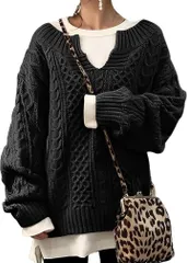 newNE ケーブル編み Vネック スキッパー ニット プルオーバー キーネック セーター ゆったり 袖 秋 冬 レディース (ブラック,  M)