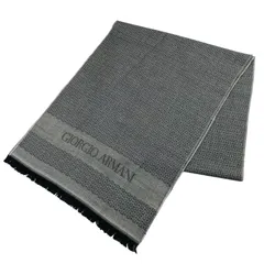 美品★GIORGIO ARMANI・ジョルジオアルマーニ ブランドロゴデザイン フリンジ付き シルク混ウール マフラー ユニセックス /ブランド 冬物 ファッション 小物 カジュアル レディース メンズ