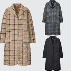 UNIQLO C ユニクロ C パフテックオーバーサイズコート ダウンコート ダウンロングコート ロングコート コート パフテック キルティング チェック柄 スタンダードカラー ベージュ ブラック グレー S M L