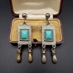 Sarah Coventry メキシカンデザイン ターコイズブルー タッセル ヴィンテージ クリップイヤリング シルバートーン Y16-O