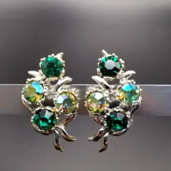 50'60's BSK グリーン オーロララインストーン フローラル ヴィンテージ クリップイヤリング 花モチーフ エレガント ゴージャス Y16-O