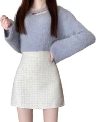 SLOW＆MELLOW レディース ミニ スカート ツイード 調 カジュアル 台形 Aライン 韓国 インナーパンツ 付き 可愛い チェック 柄 ハイウエスト ミニスカ タイト ペンシル (ホワイト,  XL)