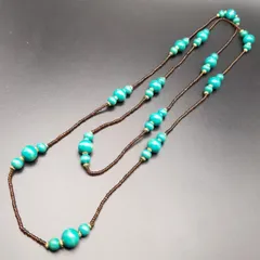 ターコイズブルー 木製/ブラウンビーズ 2連 ヴィンテージ ロングネックレス 鮮やかな色 Y16-S